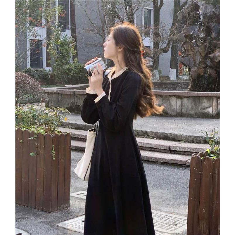 レディース ワンピース Aラインワンピース  レース 黒 ブラック 赤 レッド ミモレ丈 長袖 無地 セミフレア Aライン ふわふわ かわいい 大人可愛い きれいめ |  | 07