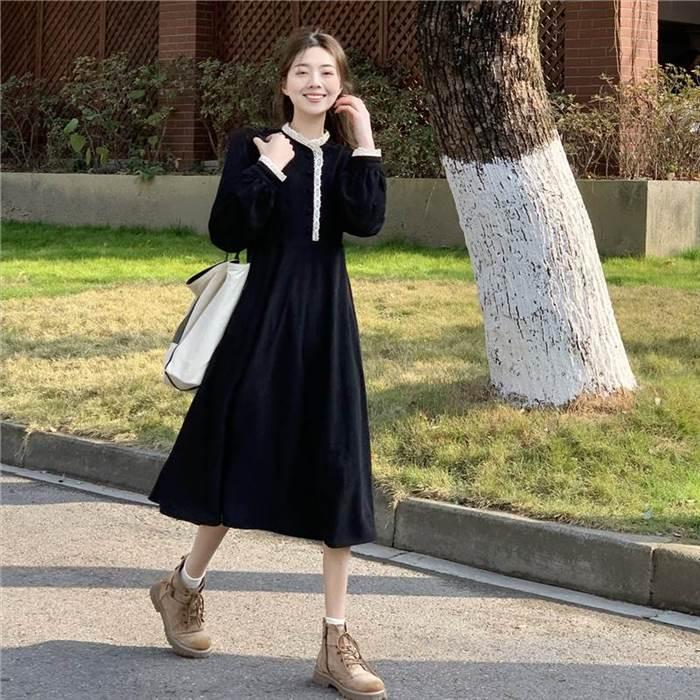 レディース ワンピース Aラインワンピース  レース 黒 ブラック 赤 レッド ミモレ丈 長袖 無地 セミフレア Aライン ふわふわ かわいい 大人可愛い きれいめ |  | 09