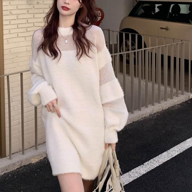 レディース ニットワンピース ニットセーター パフスリーブ 長袖 ショートスカート ニットドレス シースルー ホワイト 白 春ドレス 新しい デザイン | 