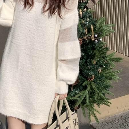 レディース ニットワンピース ニットセーター パフスリーブ 長袖 ショートスカート ニットドレス シースルー ホワイト 白 春ドレス 新しい デザイン |  | 16
