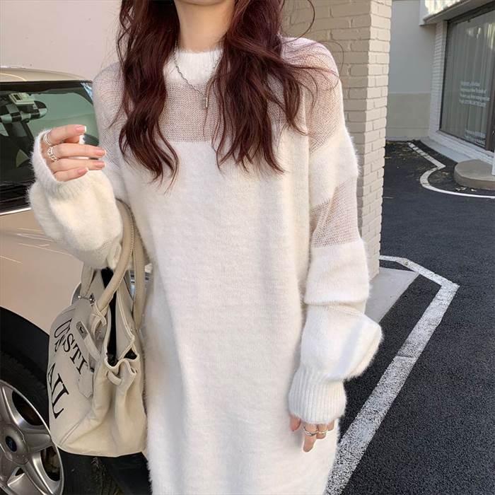 レディース ニットワンピース ニットセーター パフスリーブ 長袖 ショートスカート ニットドレス シースルー ホワイト 白 春ドレス 新しい デザイン |  | 02