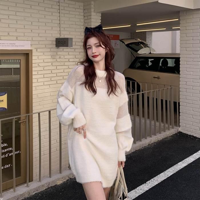 レディース ニットワンピース ニットセーター パフスリーブ 長袖 ショートスカート ニットドレス シースルー ホワイト 白 春ドレス 新しい デザイン |  | 09