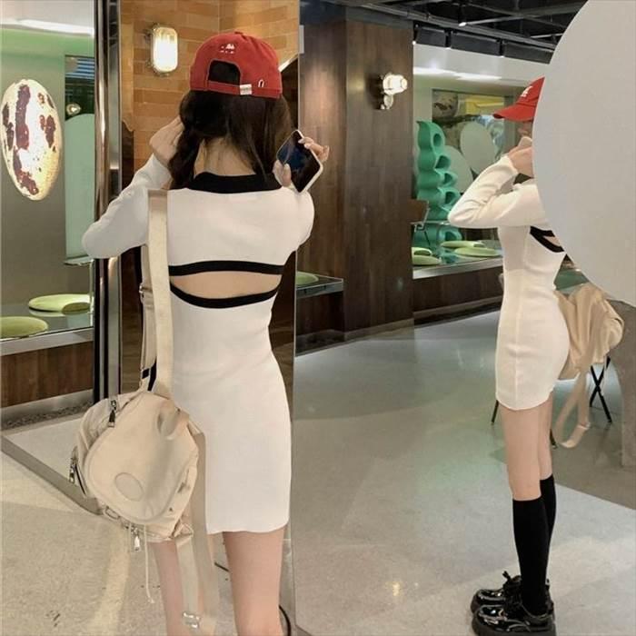 レディース ワンピース タイトワンピース 白 ホワイト 黒 ブラック ミニ丈 ショート丈 長袖 無地 スリム タイト ストレート かわいい 大人可愛い きれいめ |  | 17