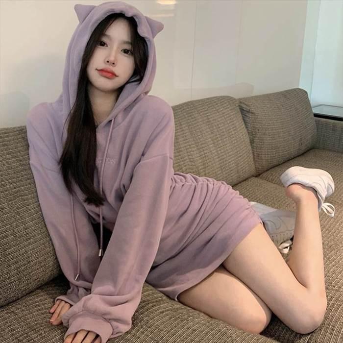 レディース ワンピース 猫耳フーディー ネコワンピース 猫好き スウェット タイトスカート ミニ ミニ丈 ショート丈 膝上 長袖 ボリューム袖 ドロップショルダー | 