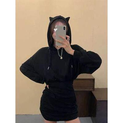 レディース ワンピース 猫耳フーディー ネコワンピース 猫好き スウェット タイトスカート ミニ ミニ丈 ショート丈 膝上 長袖 ボリューム袖 ドロップショルダー |  | 01