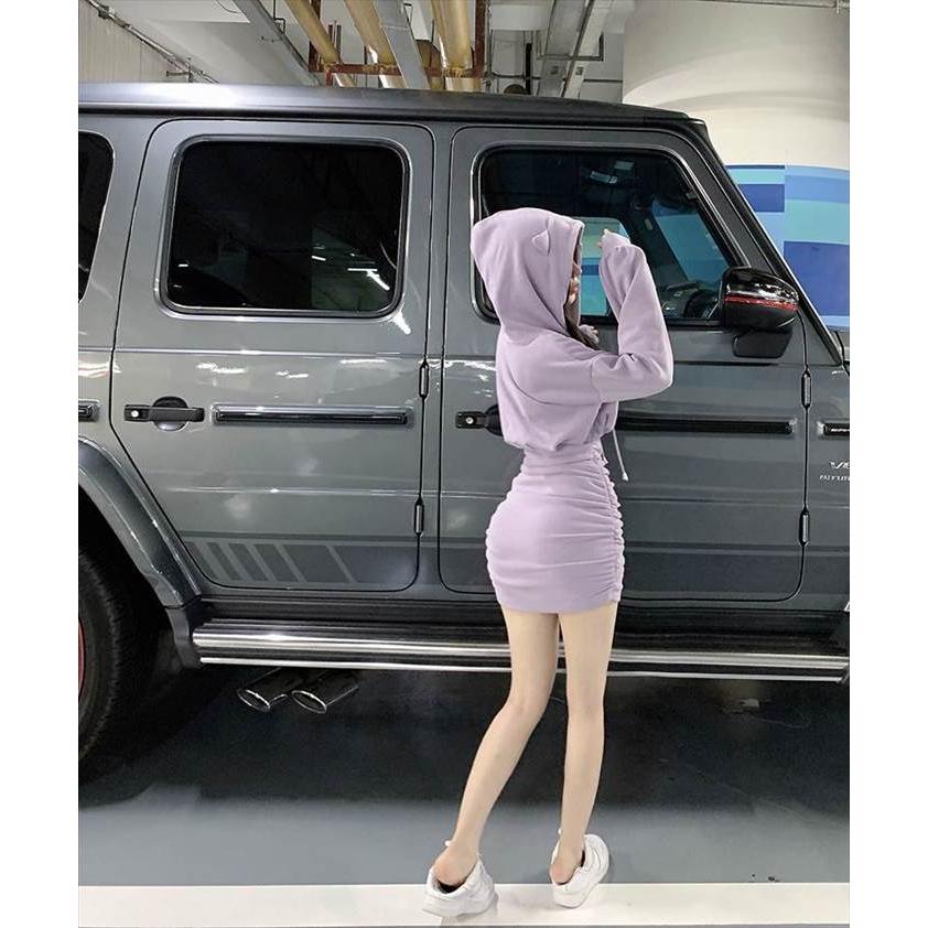 レディース ワンピース 猫耳フーディー ネコワンピース 猫好き スウェット タイトスカート ミニ ミニ丈 ショート丈 膝上 長袖 ボリューム袖 ドロップショルダー |  | 04