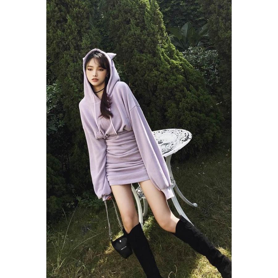 レディース ワンピース 猫耳フーディー ネコワンピース 猫好き スウェット タイトスカート ミニ ミニ丈 ショート丈 膝上 長袖 ボリューム袖 ドロップショルダー |  | 06