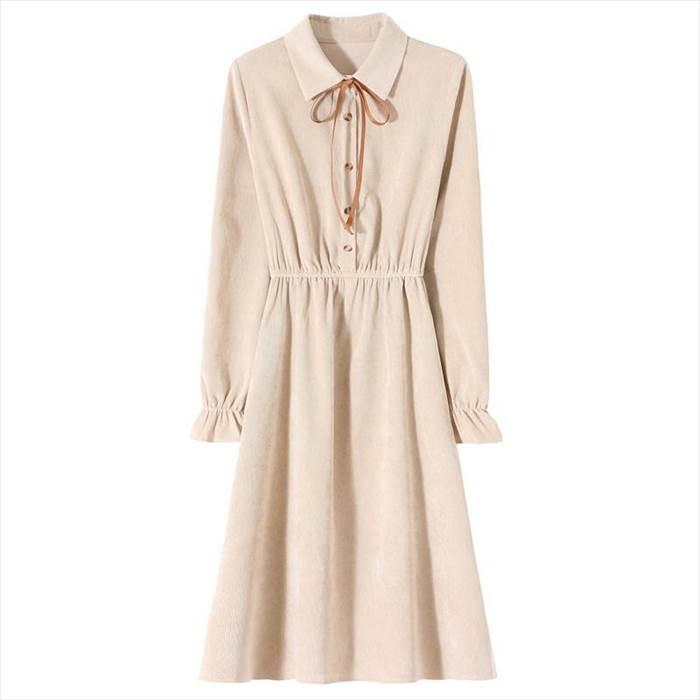 ワンピース レディース プリーツスカート ひざ丈 膝丈 ミディアム丈 袖あり 長袖 襟付き Aライン  プリーツ  フリル リボン コーデュロイ かわいい 大人可愛い |  | 01