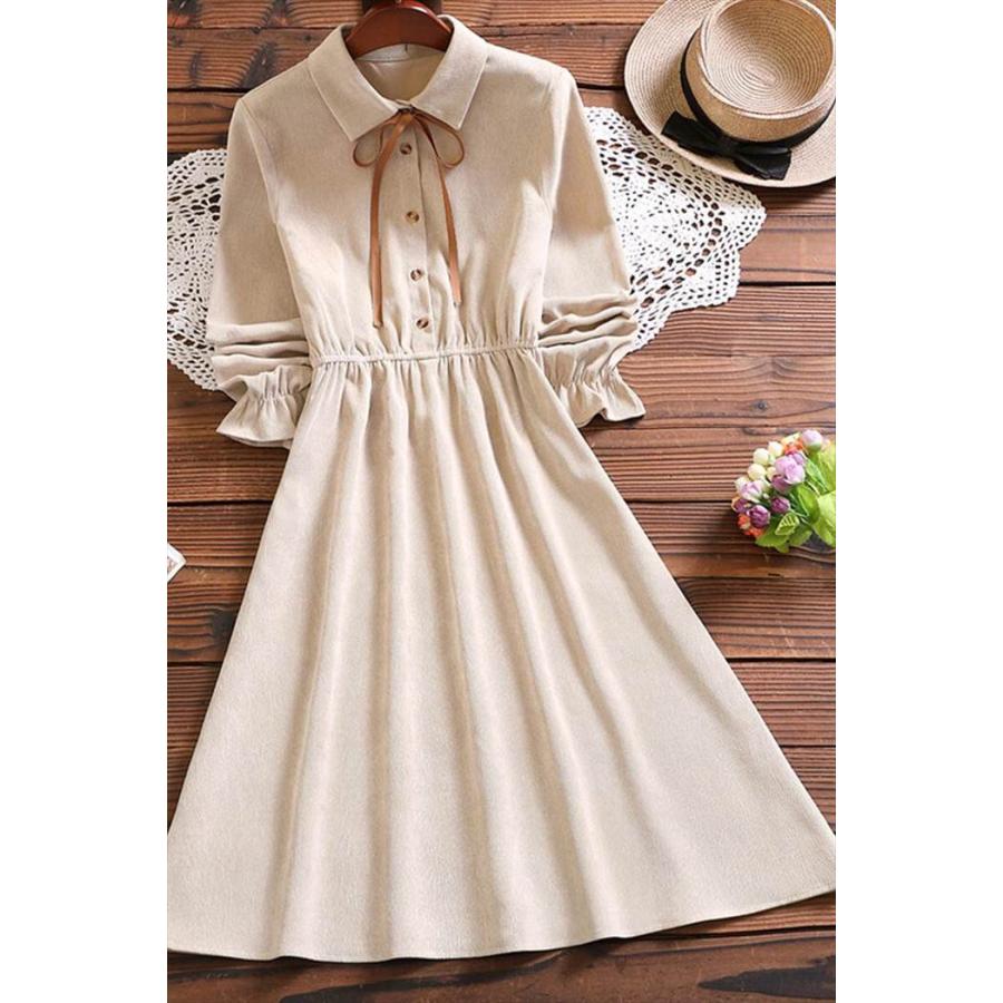ワンピース レディース プリーツスカート ひざ丈 膝丈 ミディアム丈 袖あり 長袖 襟付き Aライン  プリーツ  フリル リボン コーデュロイ かわいい 大人可愛い |  | 04