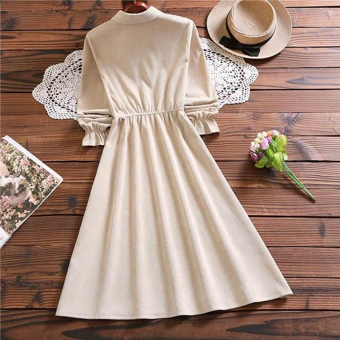 ワンピース レディース プリーツスカート ひざ丈 膝丈 ミディアム丈 袖あり 長袖 襟付き Aライン  プリーツ  フリル リボン コーデュロイ かわいい 大人可愛い |  | 09