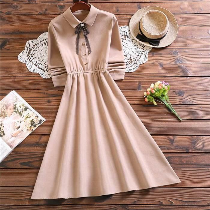 ワンピース レディース ひざ丈 膝丈 ミモレ丈 ミディアム丈 袖あり 長袖 襟付き ボウタイ ボタン フレアスカート Aライン リボン 外国風 かわいい 大人可愛い |  | 01