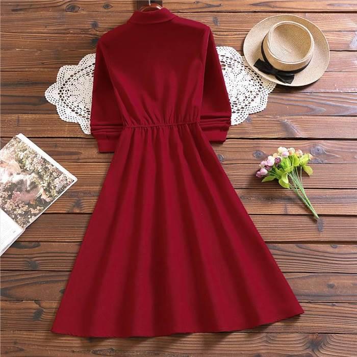 ワンピース レディース ひざ丈 膝丈 ミモレ丈 ミディアム丈 袖あり 長袖 襟付き ボウタイ ボタン フレアスカート Aライン リボン 外国風 かわいい 大人可愛い |  | 02