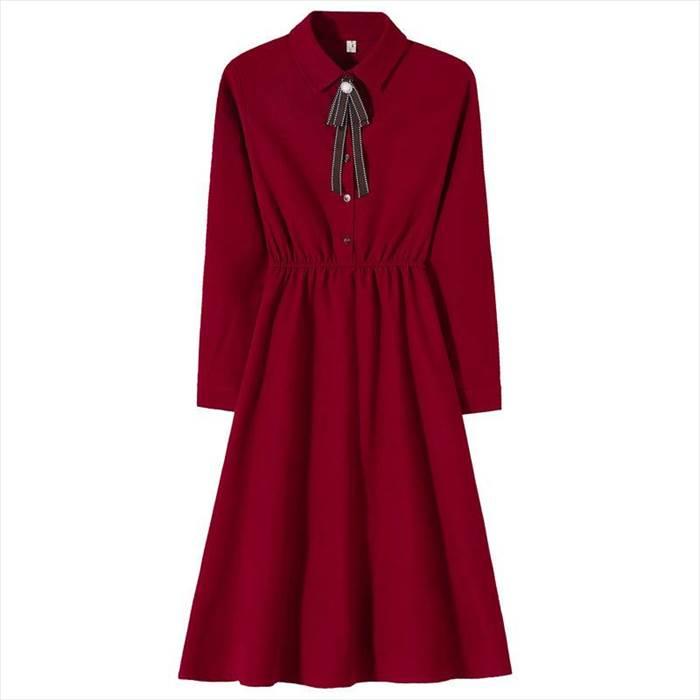 ワンピース レディース ひざ丈 膝丈 ミモレ丈 ミディアム丈 袖あり 長袖 襟付き ボウタイ ボタン フレアスカート Aライン リボン 外国風 かわいい 大人可愛い |  | 04