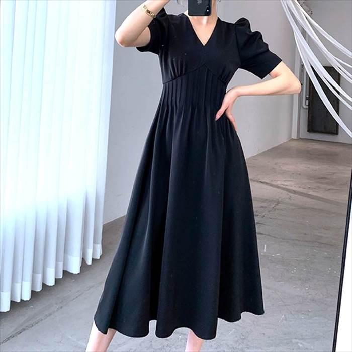 レディース ドレススカート ワンピース ブラック 黒 新作 半袖 パフスリーブ 無地 シンプル 綺麗目 新夏 ラージサイズ サイズ豊富 ウエスト | 