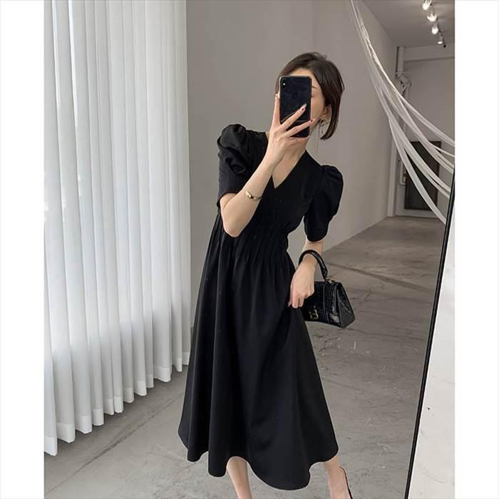 レディース ドレススカート ワンピース ブラック 黒 新作 半袖 パフスリーブ 無地 シンプル 綺麗目 新夏 ラージサイズ サイズ豊富 ウエスト |  | 01