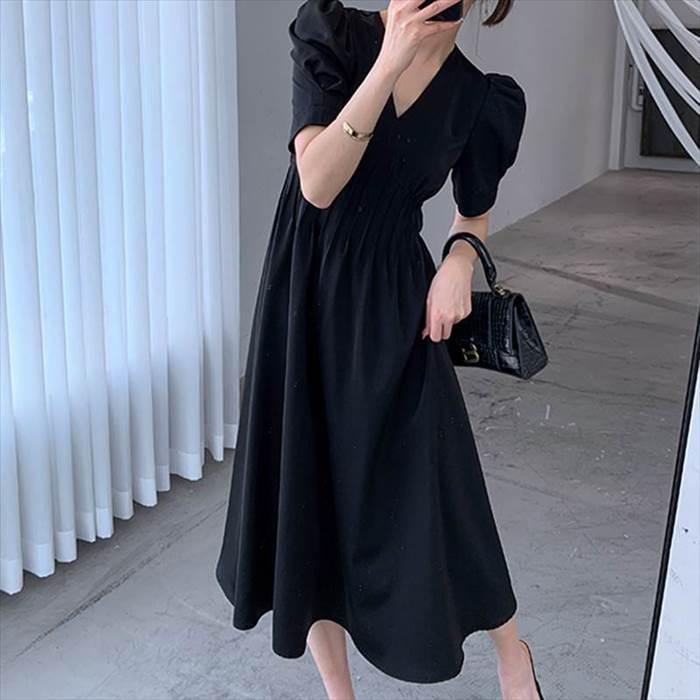 レディース ドレススカート ワンピース ブラック 黒 新作 半袖 パフスリーブ 無地 シンプル 綺麗目 新夏 ラージサイズ サイズ豊富 ウエスト |  | 03