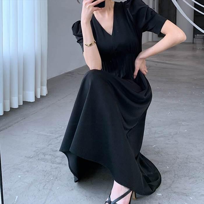 レディース ドレススカート ワンピース ブラック 黒 新作 半袖 パフスリーブ 無地 シンプル 綺麗目 新夏 ラージサイズ サイズ豊富 ウエスト |  | 04
