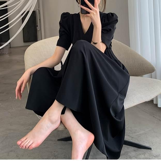 レディース ドレススカート ワンピース ブラック 黒 新作 半袖 パフスリーブ 無地 シンプル 綺麗目 新夏 ラージサイズ サイズ豊富 ウエスト |  | 06