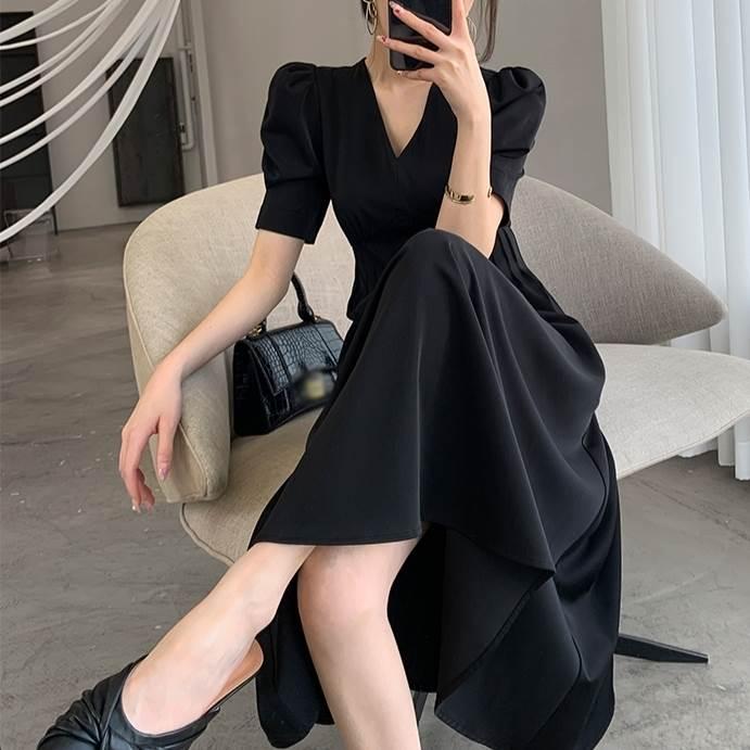 レディース ドレススカート ワンピース ブラック 黒 新作 半袖 パフスリーブ 無地 シンプル 綺麗目 新夏 ラージサイズ サイズ豊富 ウエスト |  | 07