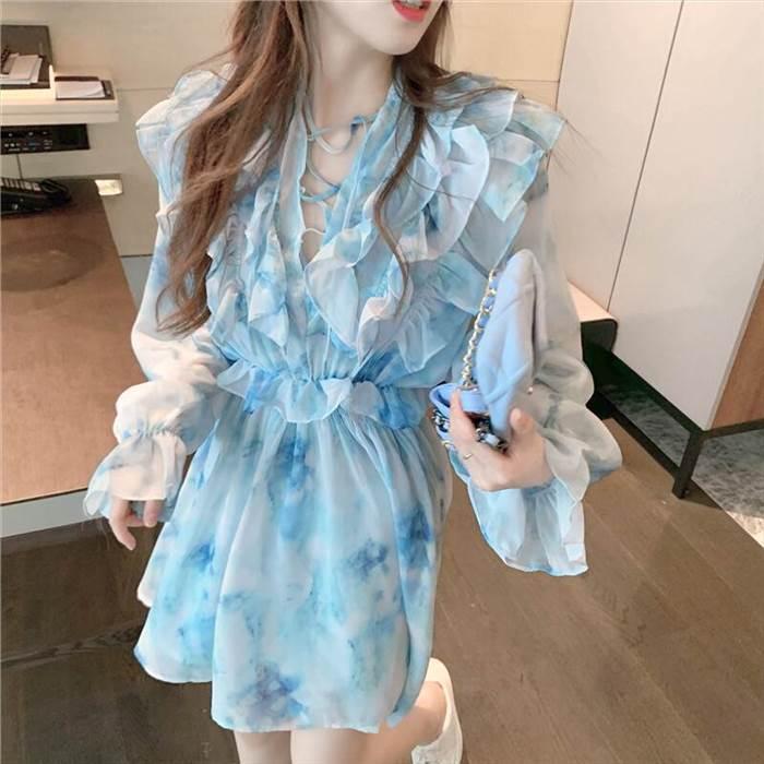 レディース 絞り染め ワンピース ワンピースドレス ブルー 青 青空 フリル レース シフォン フローラルドレス フレンチ 優しい スタイル ドレススカート | 