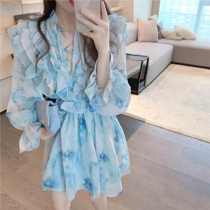 レディース 絞り染め ワンピース ワンピースドレス ブルー 青 青空 フリル レース シフォン フローラルドレス フレンチ 優しい スタイル ドレススカート |  | 10