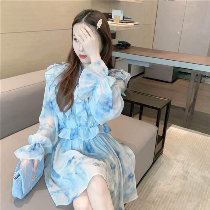 レディース 絞り染め ワンピース ワンピースドレス ブルー 青 青空 フリル レース シフォン フローラルドレス フレンチ 優しい スタイル ドレススカート |  | 11