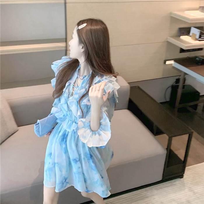 レディース 絞り染め ワンピース ワンピースドレス ブルー 青 青空 フリル レース シフォン フローラルドレス フレンチ 優しい スタイル ドレススカート |  | 12