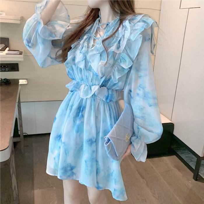 レディース 絞り染め ワンピース ワンピースドレス ブルー 青 青空 フリル レース シフォン フローラルドレス フレンチ 優しい スタイル ドレススカート |  | 13