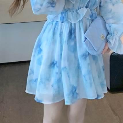 レディース 絞り染め ワンピース ワンピースドレス ブルー 青 青空 フリル レース シフォン フローラルドレス フレンチ 優しい スタイル ドレススカート |  | 14