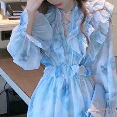 レディース 絞り染め ワンピース ワンピースドレス ブルー 青 青空 フリル レース シフォン フローラルドレス フレンチ 優しい スタイル ドレススカート |  | 15