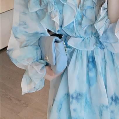 レディース 絞り染め ワンピース ワンピースドレス ブルー 青 青空 フリル レース シフォン フローラルドレス フレンチ 優しい スタイル ドレススカート |  | 16