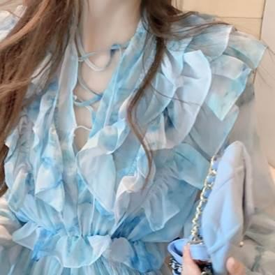 レディース 絞り染め ワンピース ワンピースドレス ブルー 青 青空 フリル レース シフォン フローラルドレス フレンチ 優しい スタイル ドレススカート |  | 17