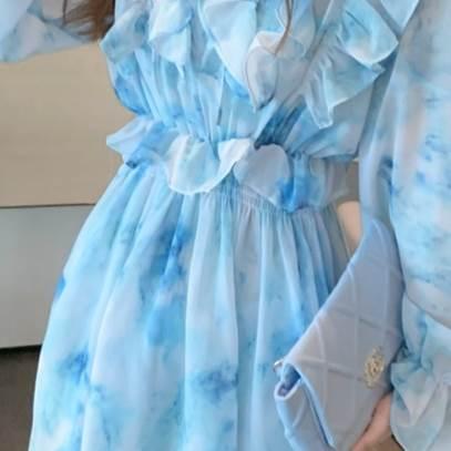レディース 絞り染め ワンピース ワンピースドレス ブルー 青 青空 フリル レース シフォン フローラルドレス フレンチ 優しい スタイル ドレススカート |  | 18
