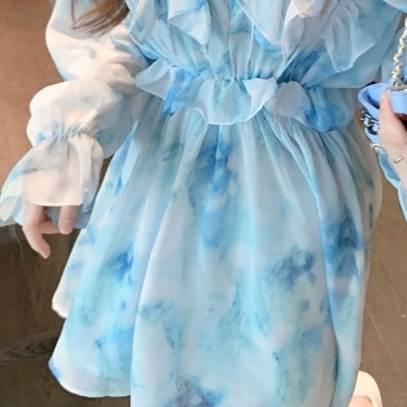 レディース 絞り染め ワンピース ワンピースドレス ブルー 青 青空 フリル レース シフォン フローラルドレス フレンチ 優しい スタイル ドレススカート |  | 19