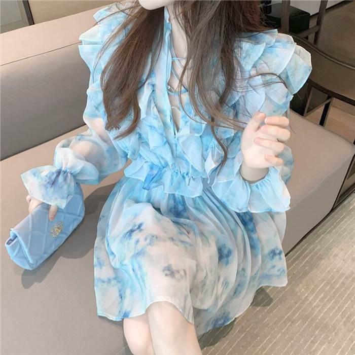 レディース 絞り染め ワンピース ワンピースドレス ブルー 青 青空 フリル レース シフォン フローラルドレス フレンチ 優しい スタイル ドレススカート |  | 01