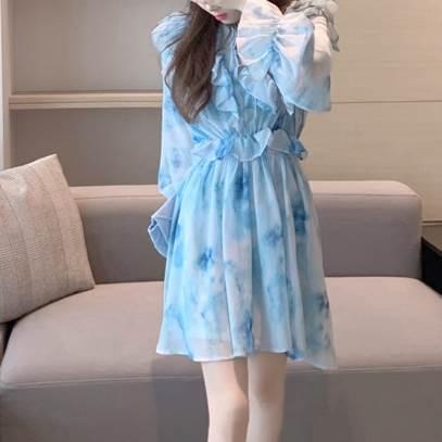 レディース 絞り染め ワンピース ワンピースドレス ブルー 青 青空 フリル レース シフォン フローラルドレス フレンチ 優しい スタイル ドレススカート |  | 02