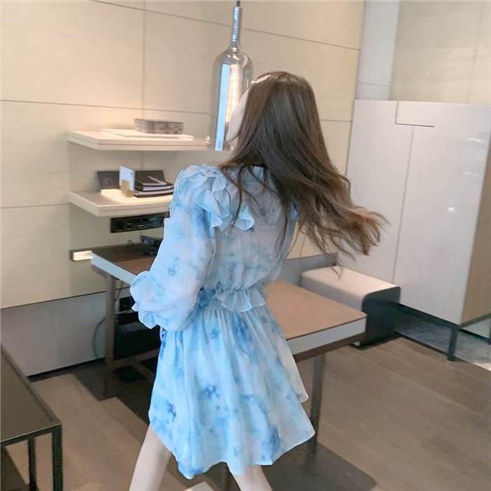 レディース 絞り染め ワンピース ワンピースドレス ブルー 青 青空 フリル レース シフォン フローラルドレス フレンチ 優しい スタイル ドレススカート |  | 03