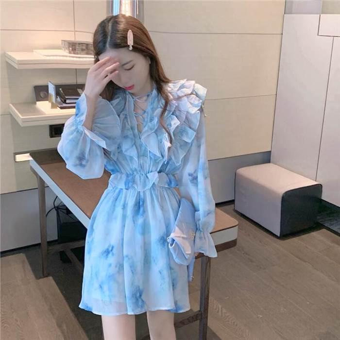 レディース 絞り染め ワンピース ワンピースドレス ブルー 青 青空 フリル レース シフォン フローラルドレス フレンチ 優しい スタイル ドレススカート |  | 07