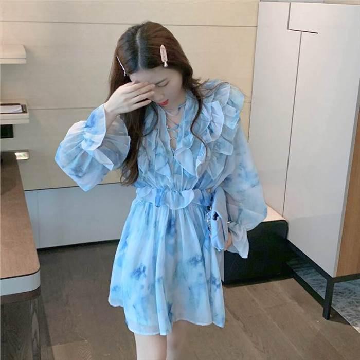 レディース 絞り染め ワンピース ワンピースドレス ブルー 青 青空 フリル レース シフォン フローラルドレス フレンチ 優しい スタイル ドレススカート |  | 08