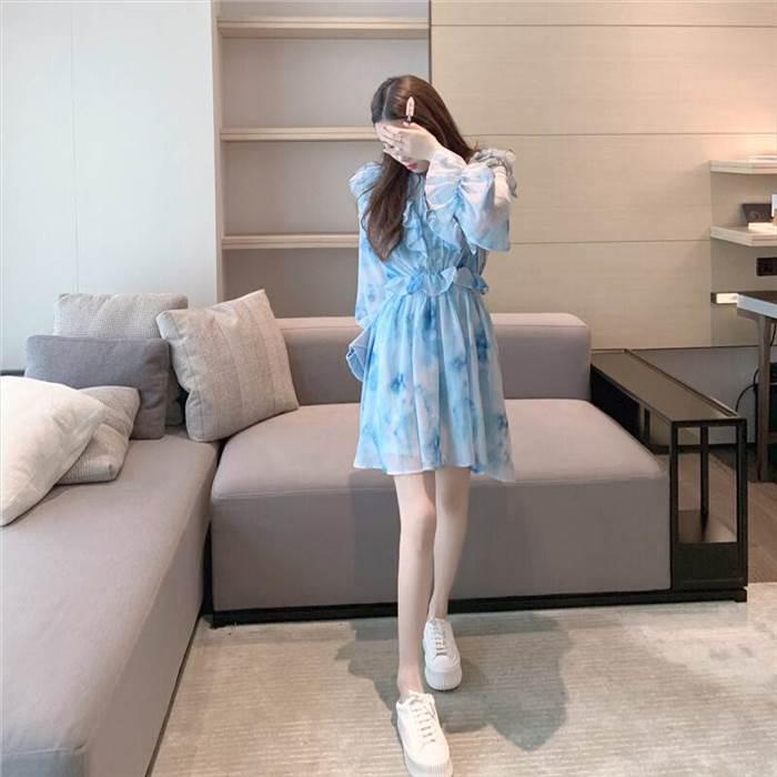 レディース 絞り染め ワンピース ワンピースドレス ブルー 青 青空 フリル レース シフォン フローラルドレス フレンチ 優しい スタイル ドレススカート |  | 09