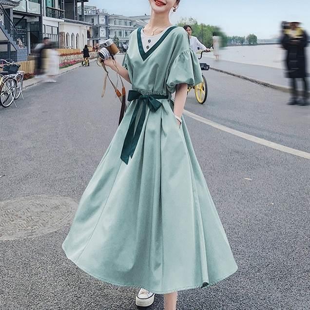 レディース パフスリーブ 半袖 ドレス ワンピースドレス 夏 新しい 韓国バージョン ルーズ ウエスリボン ロングスカート ブルー グリーン 新作 | 