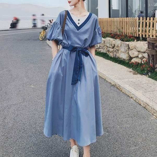 レディース パフスリーブ 半袖 ドレス ワンピースドレス 夏 新しい 韓国バージョン ルーズ ウエスリボン ロングスカート ブルー グリーン 新作 |  | 11