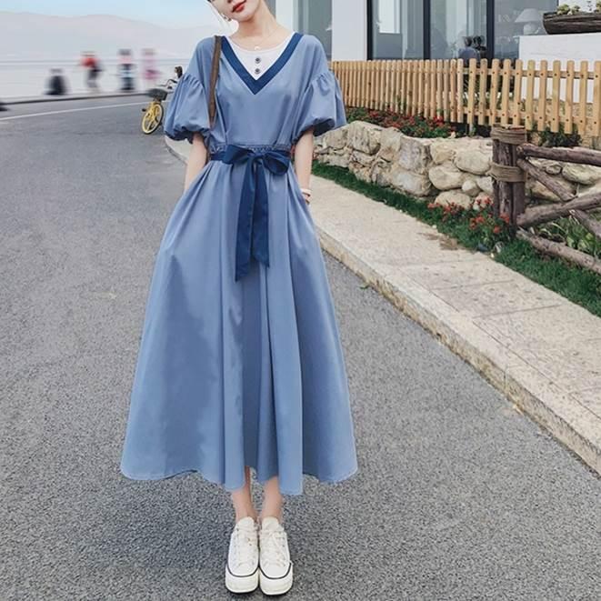 レディース パフスリーブ 半袖 ドレス ワンピースドレス 夏 新しい 韓国バージョン ルーズ ウエスリボン ロングスカート ブルー グリーン 新作 |  | 13