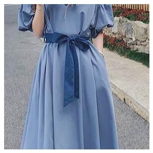 レディース パフスリーブ 半袖 ドレス ワンピースドレス 夏 新しい 韓国バージョン ルーズ ウエスリボン ロングスカート ブルー グリーン 新作 |  | 15