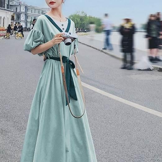 レディース パフスリーブ 半袖 ドレス ワンピースドレス 夏 新しい 韓国バージョン ルーズ ウエスリボン ロングスカート ブルー グリーン 新作 |  | 16