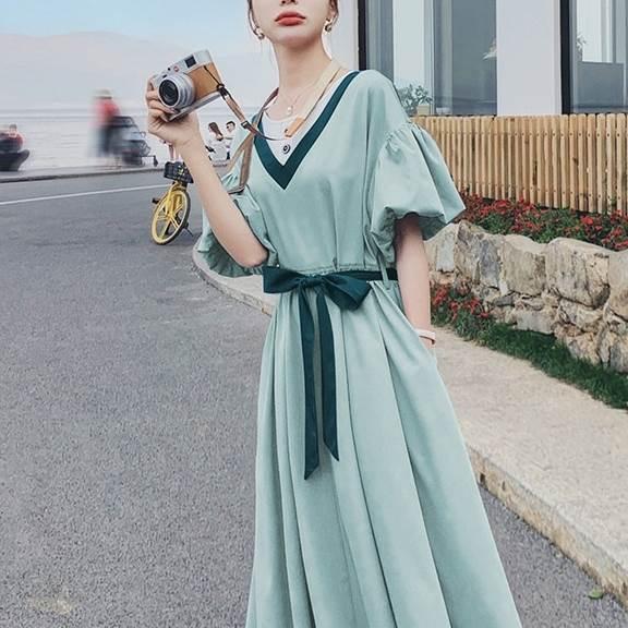レディース パフスリーブ 半袖 ドレス ワンピースドレス 夏 新しい 韓国バージョン ルーズ ウエスリボン ロングスカート ブルー グリーン 新作 |  | 17