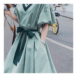 レディース パフスリーブ 半袖 ドレス ワンピースドレス 夏 新しい 韓国バージョン ルーズ ウエスリボン ロングスカート ブルー グリーン 新作 |  | 18