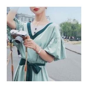 レディース パフスリーブ 半袖 ドレス ワンピースドレス 夏 新しい 韓国バージョン ルーズ ウエスリボン ロングスカート ブルー グリーン 新作 |  | 19