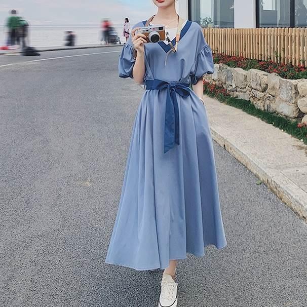 レディース パフスリーブ 半袖 ドレス ワンピースドレス 夏 新しい 韓国バージョン ルーズ ウエスリボン ロングスカート ブルー グリーン 新作 |  | 01