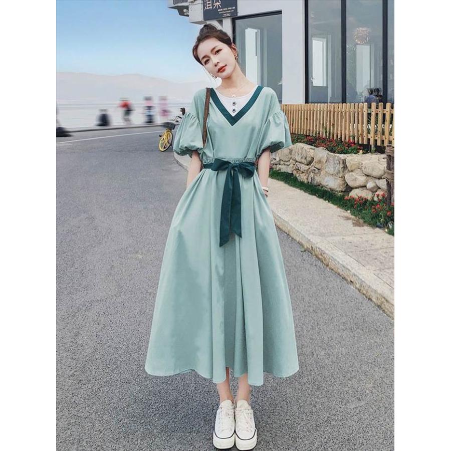 レディース パフスリーブ 半袖 ドレス ワンピースドレス 夏 新しい 韓国バージョン ルーズ ウエスリボン ロングスカート ブルー グリーン 新作 |  | 02